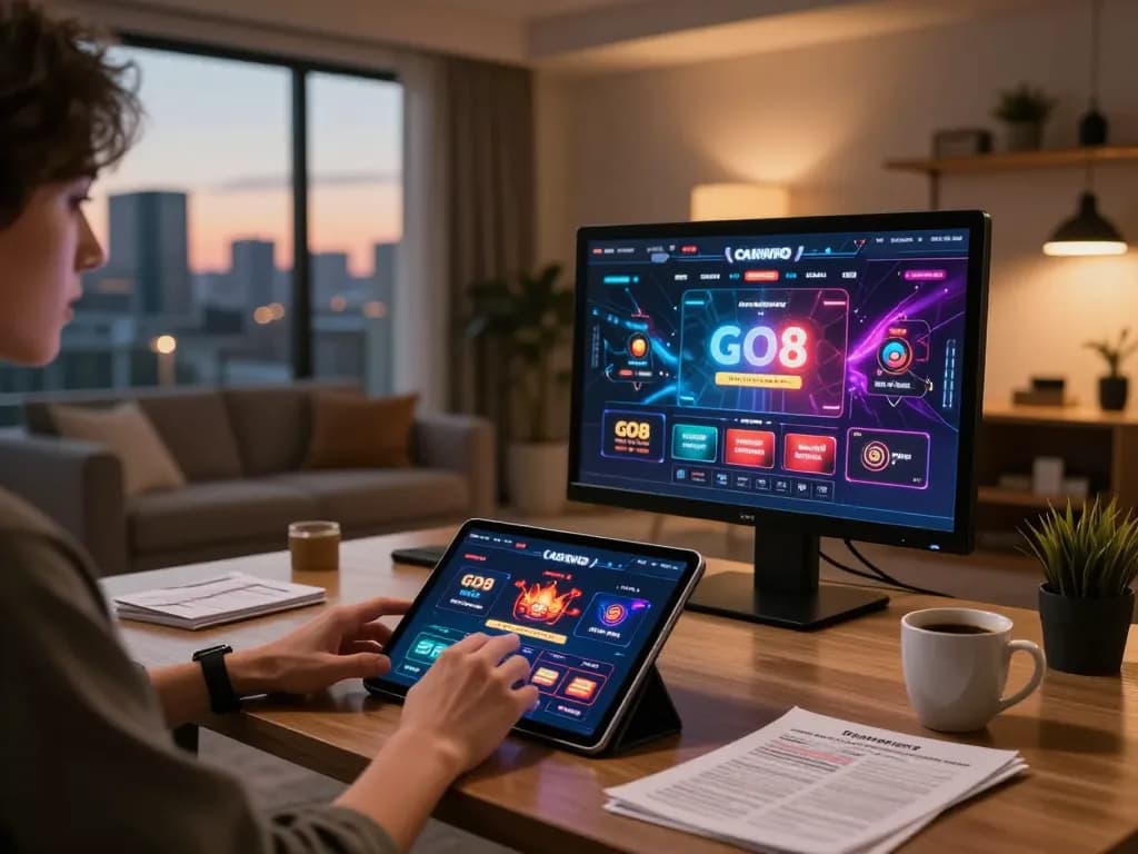 Engaging with the GO8 casino app on a tablet in a stylish home office setting.