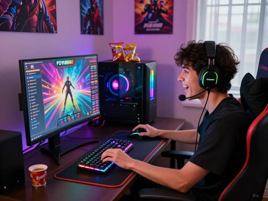 Engaged gamer enjoying Foya888 on a high-resolution monitor in a vibrant gaming setup.
