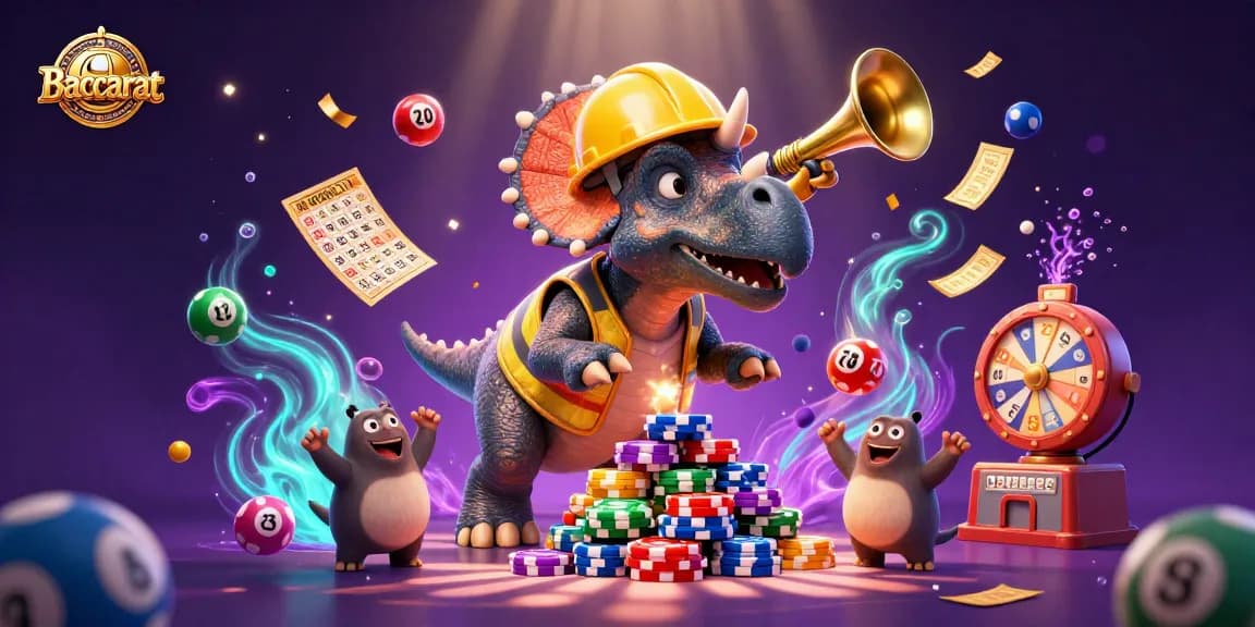 Baccarat game scene with cartoon dinosaurs celebrating a chip pyramid and vibrant lottery elements