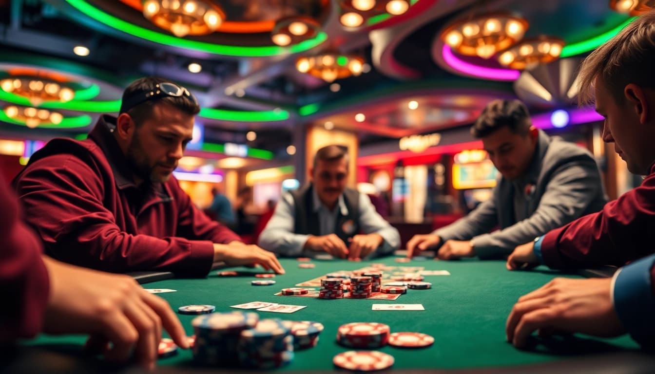 Permainan poker88 yang menegangkan di kasino dengan pemain berfokus dan suasana penuh warna.