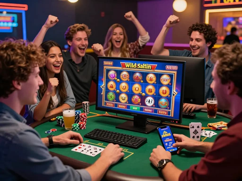 Friends enjoying the sultan wild casino experience, celebrating wins with vibrant slot games displayed in the background, creating a lively gaming atmosphere.