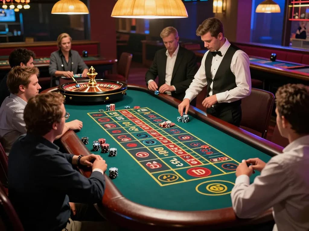 Engaging roulette gameplay scene at a casino showcasing players' excitement and du88 strategic bets.