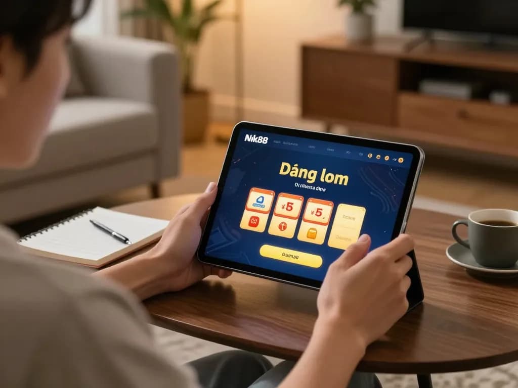 Engaging in Nk88 đăng nhập while enjoying a comfortable home gaming experience with tablet and betting notes