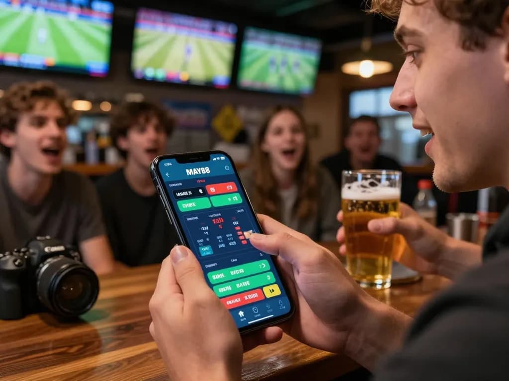 Player using the MAY88 app for live sports betting, showcasing odds and game excitement.