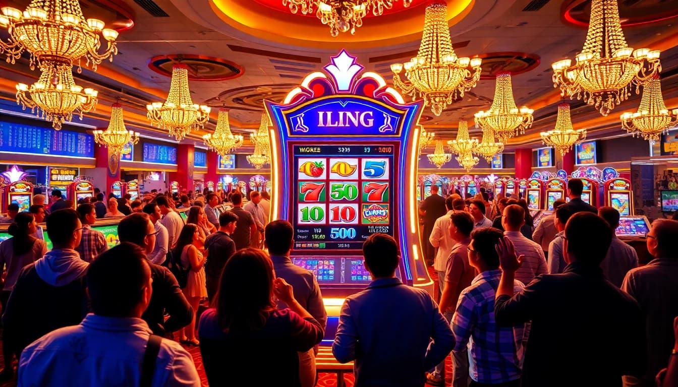 Players engaging with the IDN slot machine, showcasing excitement and casino atmosphere.