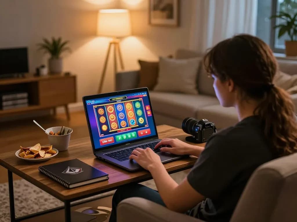 Melibatkan diri dalam permainan slot dalam talian di rumah dengan grafik yang menarik dipaparkan di laptop.