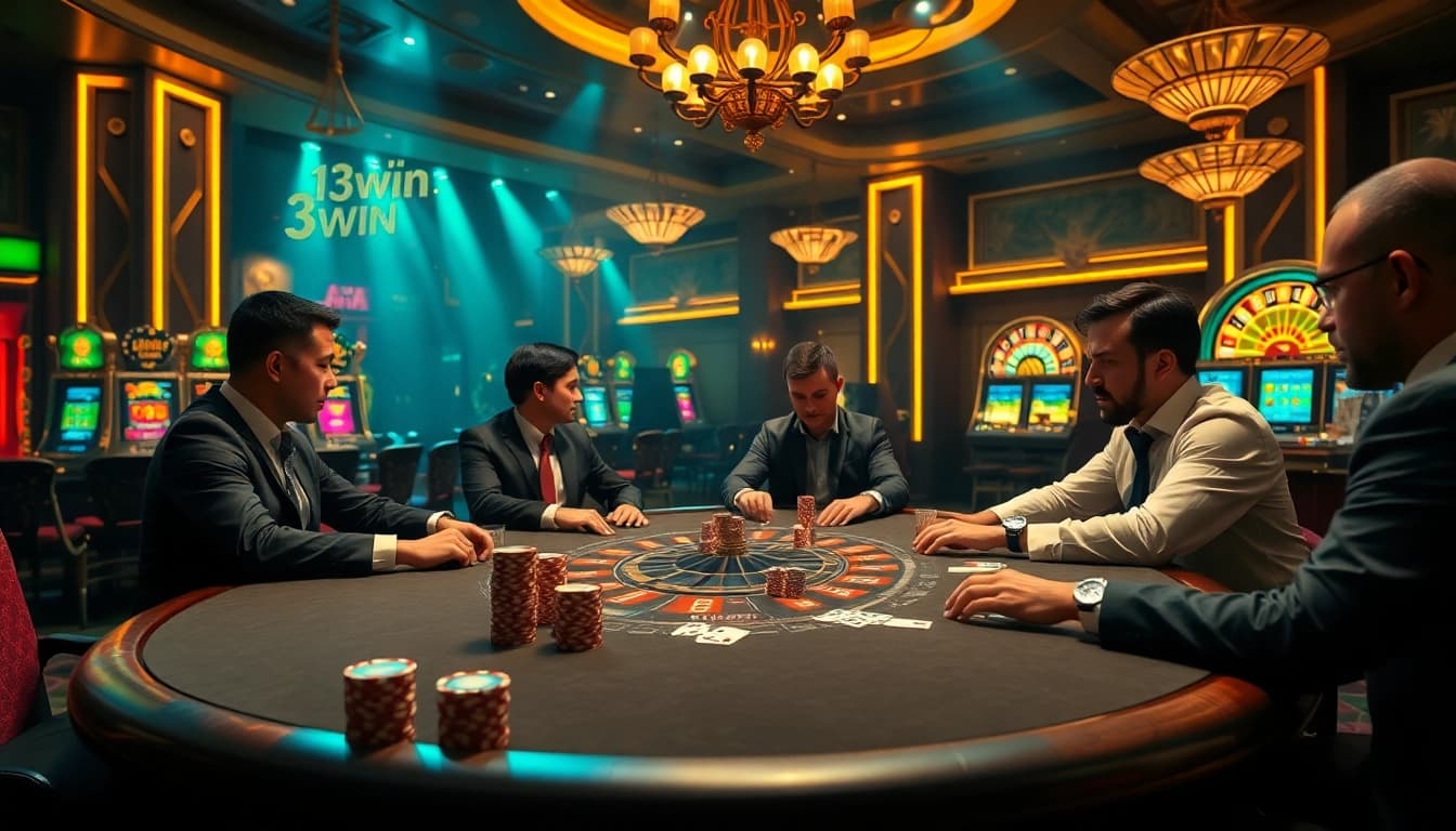 Experience excitement at 13win with professional poker players at a luxurious casino table.