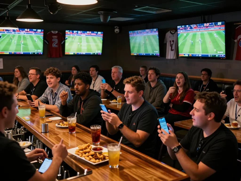 B sport fans engaging with live sports betting during a match in a lively bar atmosphere.