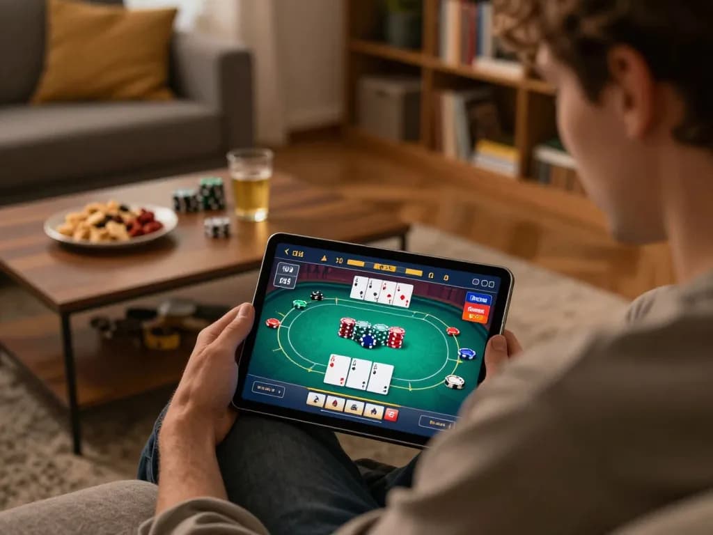 Engaging gameplay on a tablet at home, focusing on bangsawan88 daftar for strategic poker action.