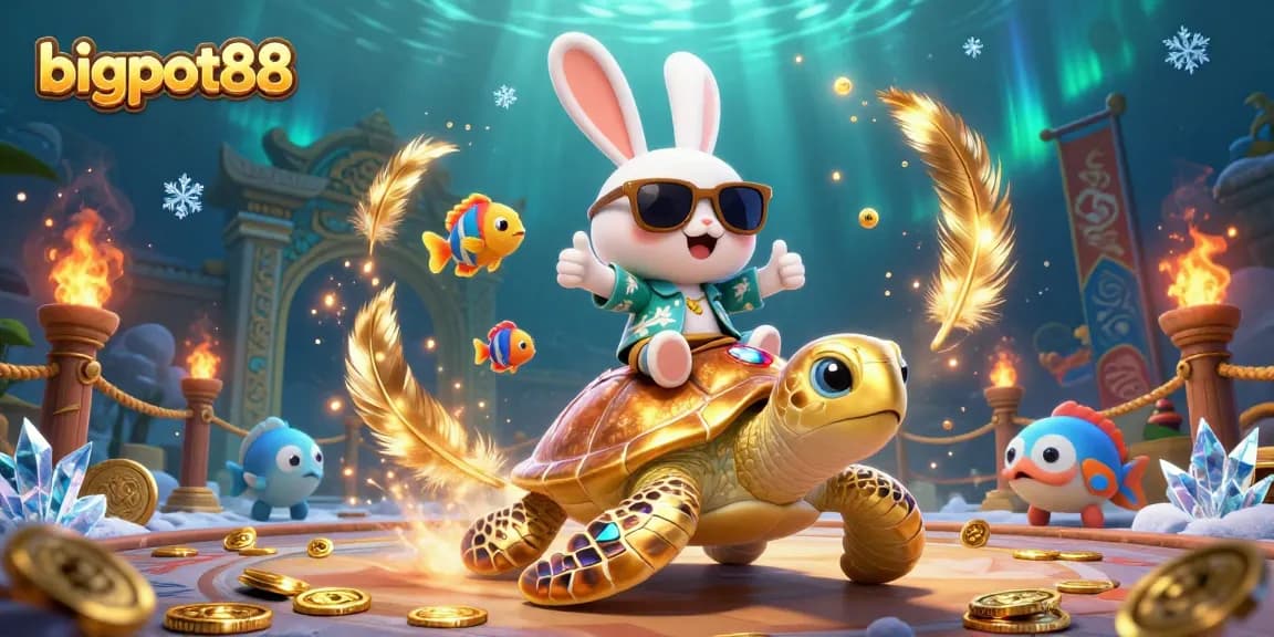 Experience the vibrant action of bigpot88 with a lucky rabbit and turtle amidst casino elements.