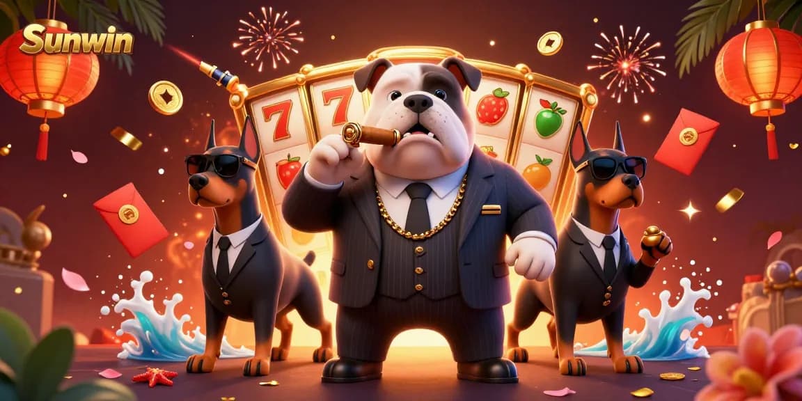 Dynamic scene showcasing Sunwin's casino excitement with a mafia bulldog and Doberman bodyguards amidst slot reels and rich game elements.