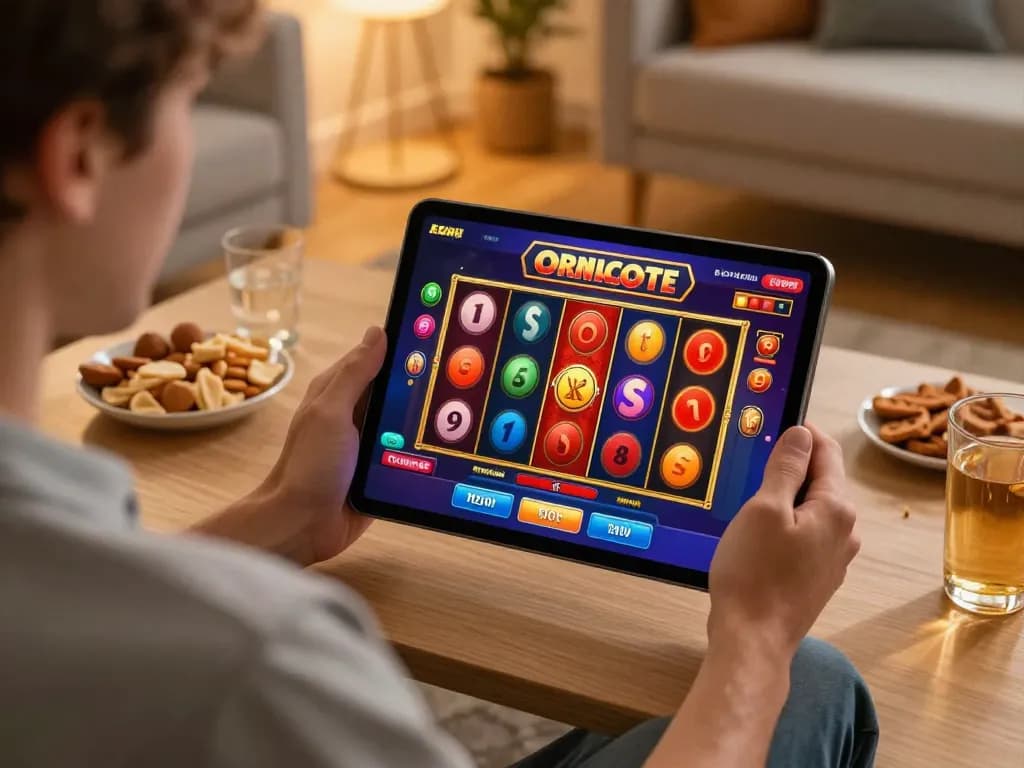 Engaged player enjoying slot online gameplay on a tablet in a cozy living room.