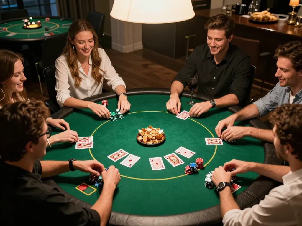 Players enjoying a friendly poker game night at home, showcasing F8BET strategies in action with vibrant atmosphere and snacks.