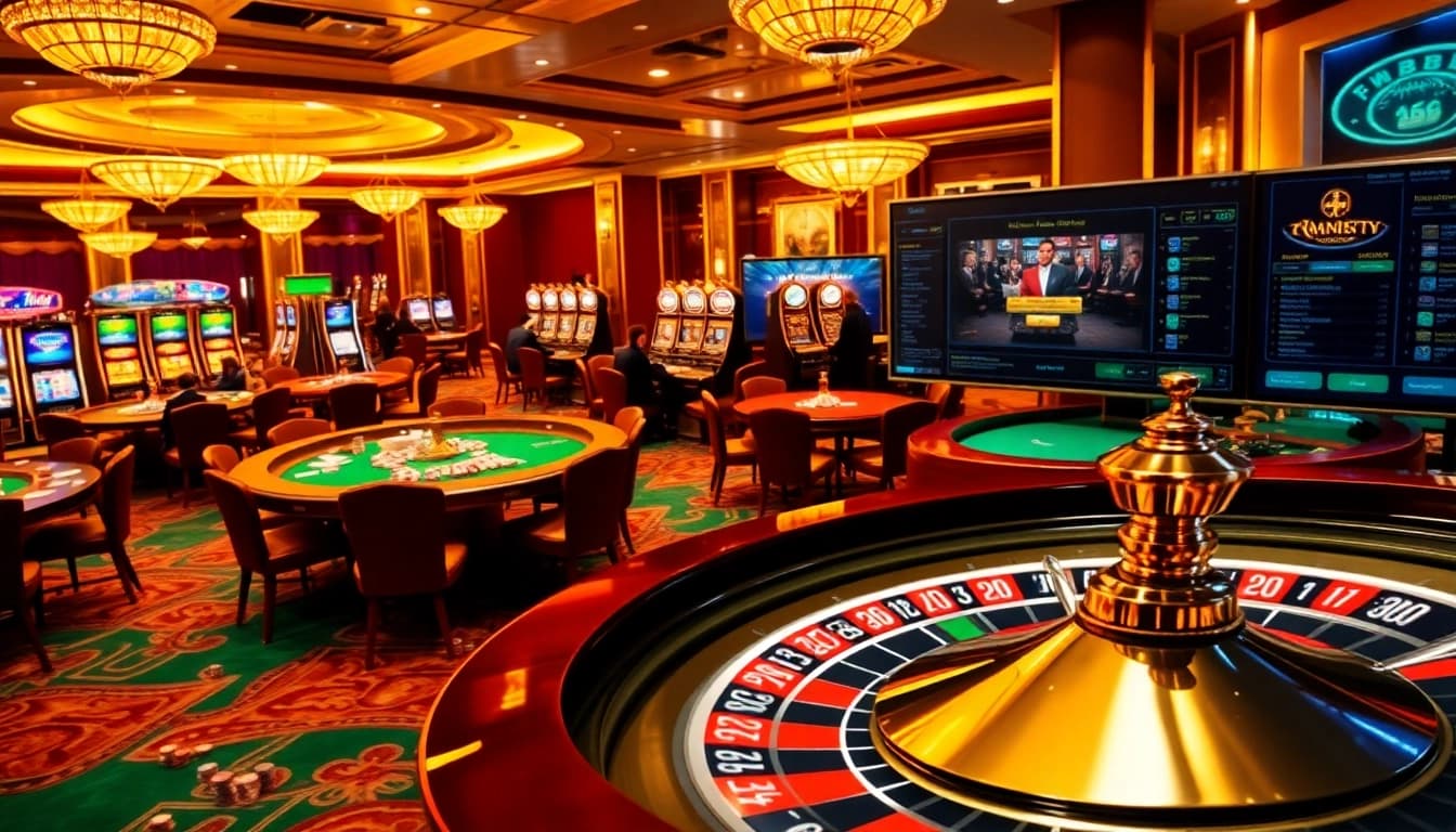 Players enjoying high-stakes games at WW88's casino tables featuring slot machines and roulette.