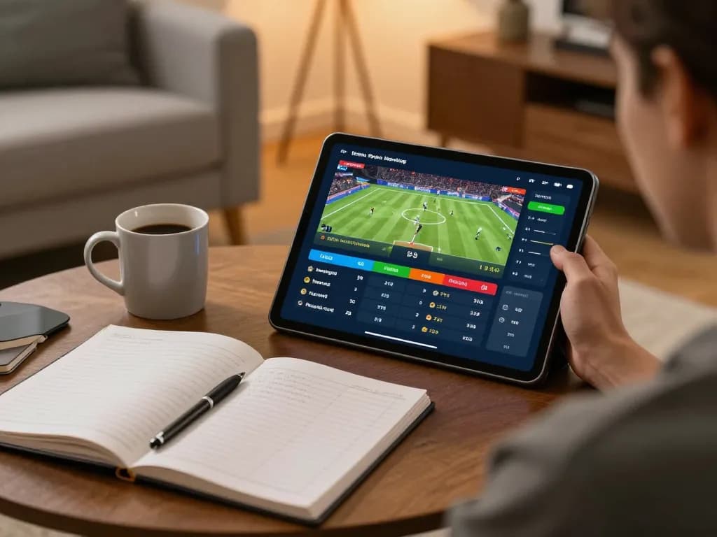 Engaged in online sports betting on https://keonhacai5.mobi/ at a cozy home setup with live odds displayed.