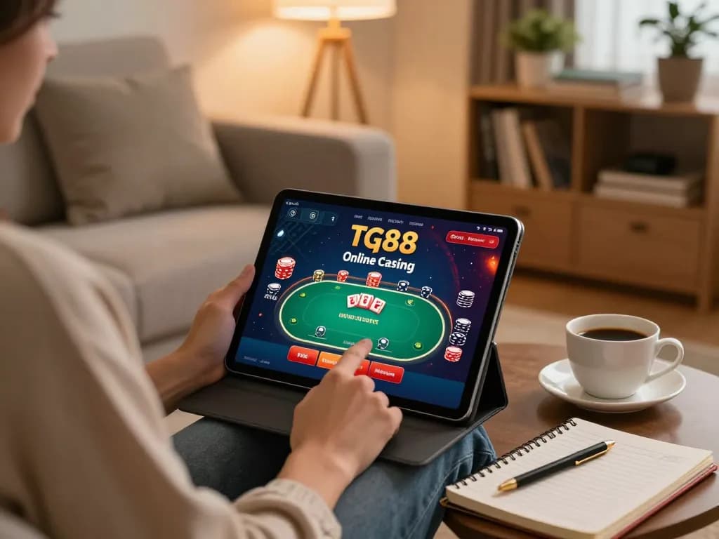 Person enjoying tg88 casino app on a tablet in a cozy home setting.