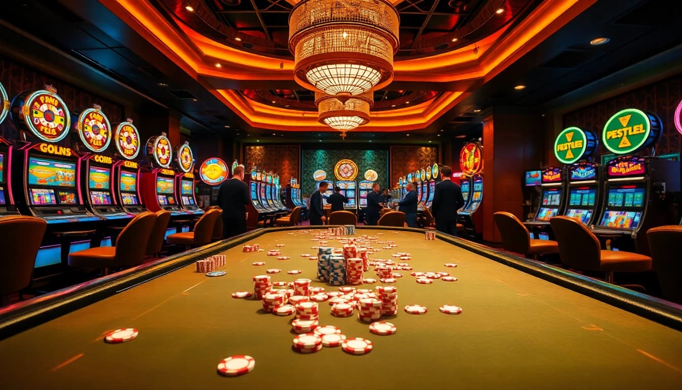 Engaging game at a casino showcasing AT99 with vibrant chips and lively players.