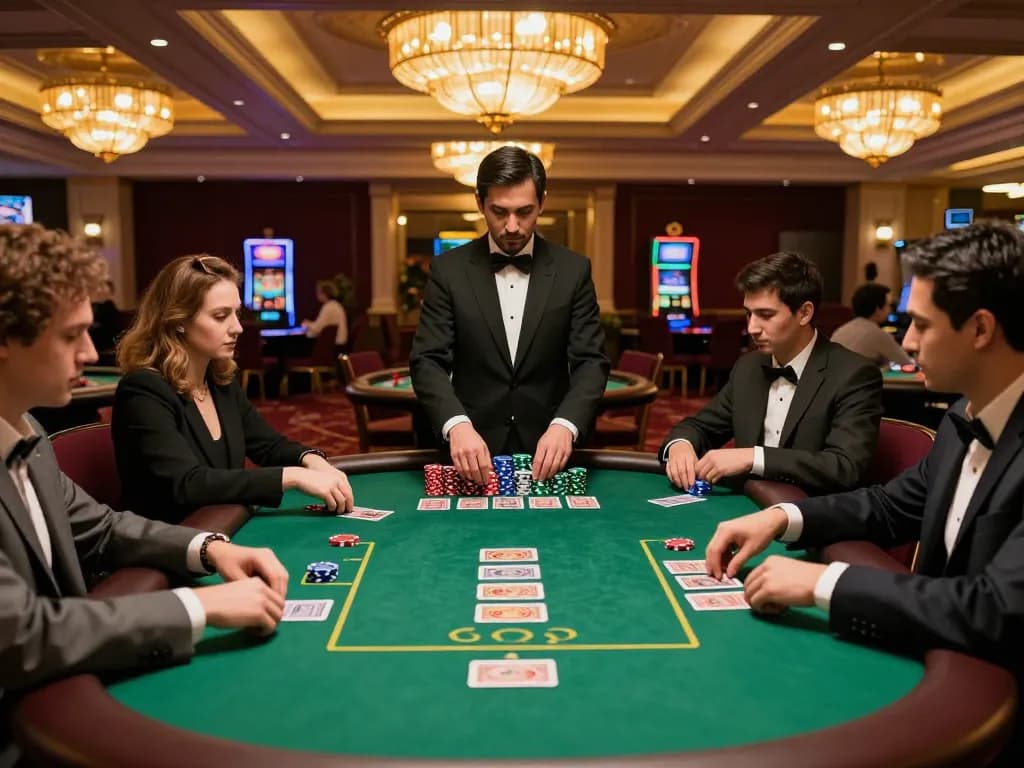 Pemain yang terlibat di meja blackjack, strategi todosobrecomunicacion dalam aksi di tengah suasana kasino yang mewah