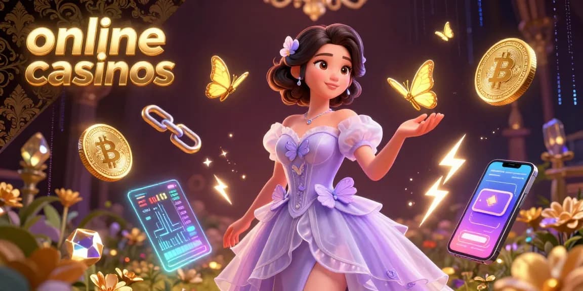 Engage with exciting online casinos showcasing a stunning woman amid golden butterflies and cryptocurrency elements.