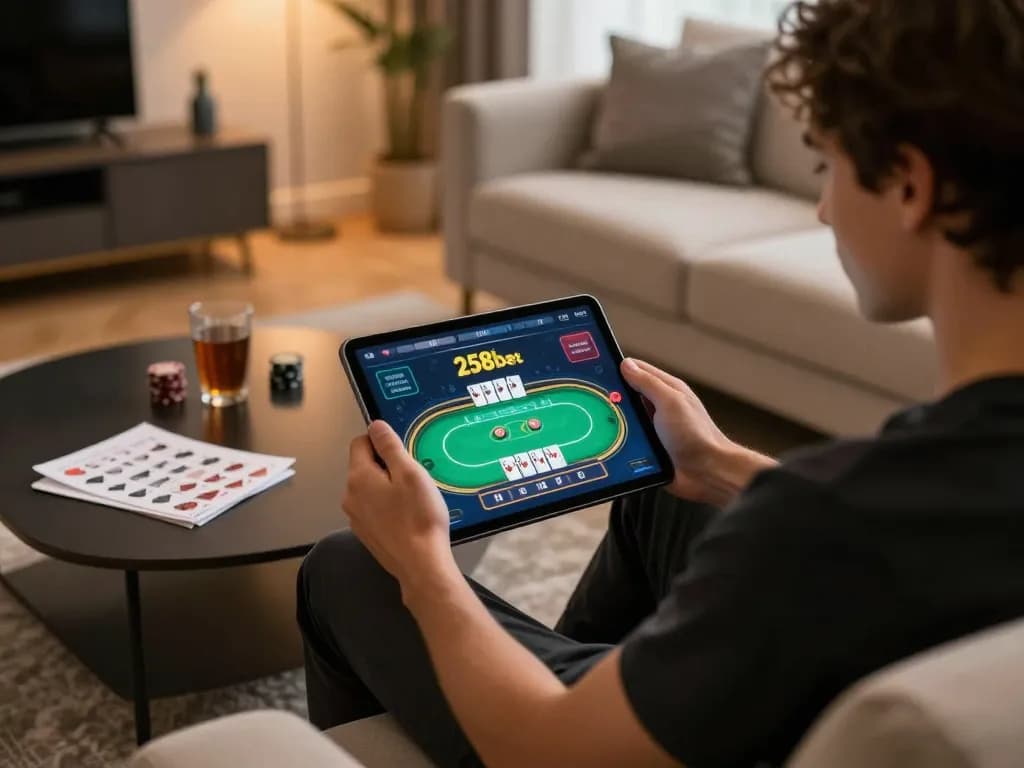 Engaging with the 258bet online gambling app on a tablet in a cozy home setting.