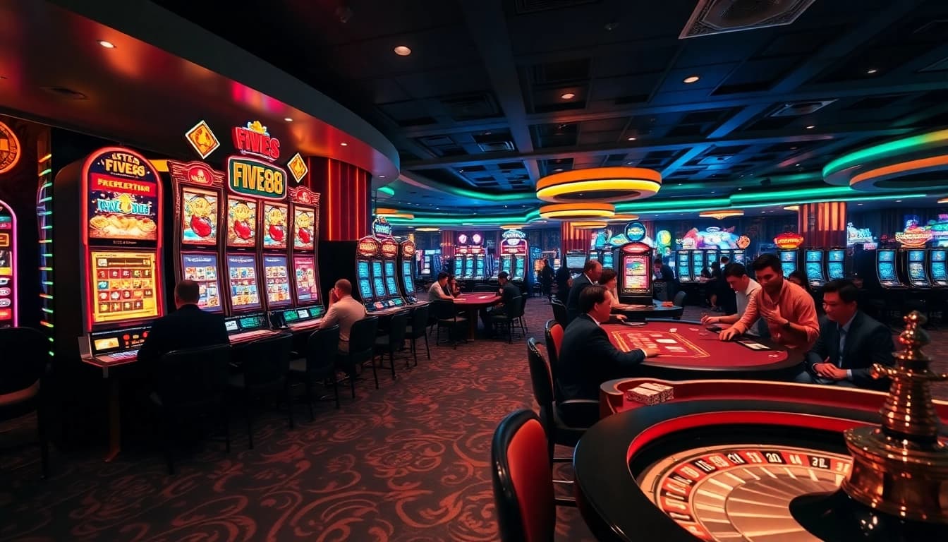 Exciting gaming experience at FIVE88 casino with vibrant slot machines and thrilling table games.
