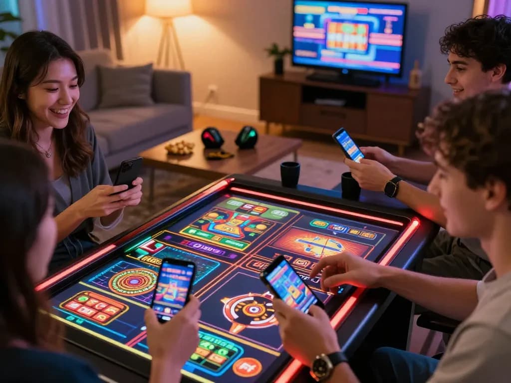 Players enjoying an octaslot game on mobile devices in a cozy home setting.