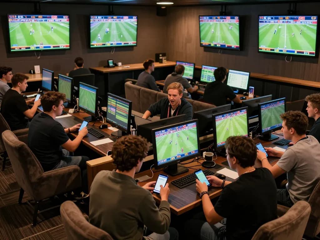 Fans engaged in active sports betting at tructiepbongda lounge with multiple screens displaying live matches.