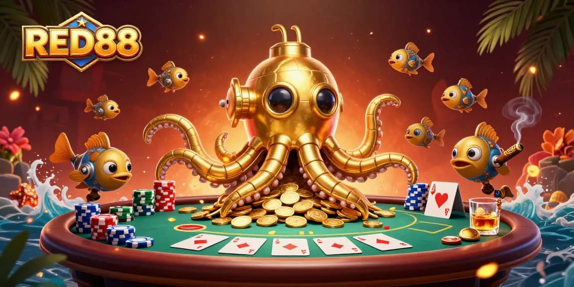 Experience thrilling poker action with RED88 in a vibrant 3D scene brimming with gold coins.