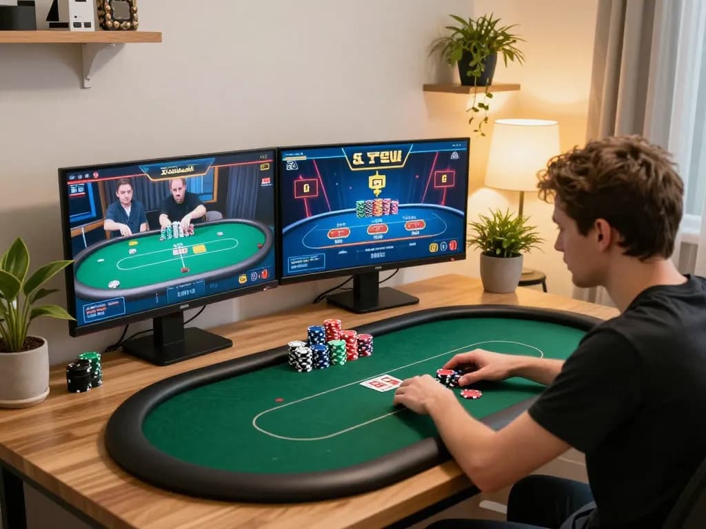 SC88 online poker setup showcasing a player engaged in strategic gameplay with ambient lighting and multiple screens.