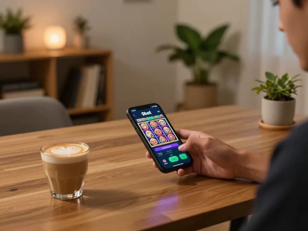 Player engaging with 9bet app on smartphone in relaxed home setting while enjoying strategic gameplay.