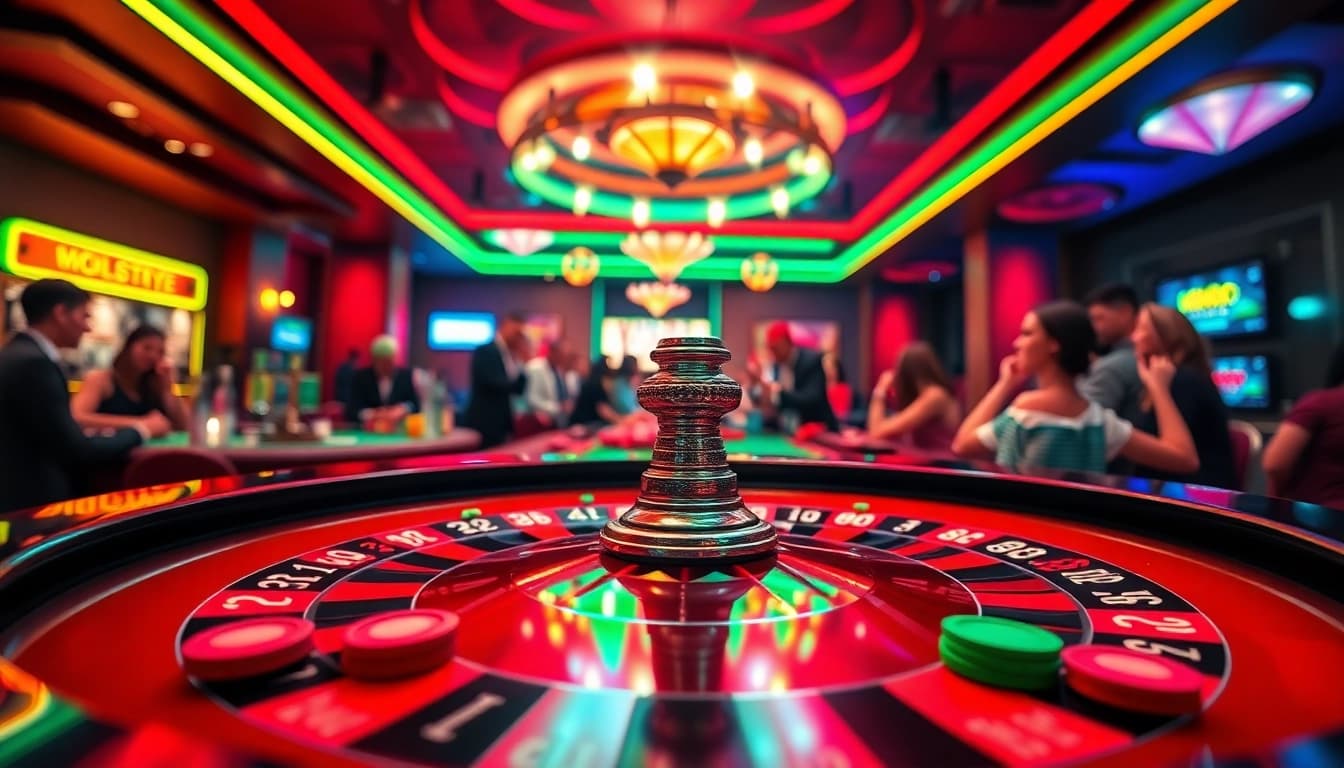 Experience the thrill of AT99 with players at a roulette table in a lively casino setting.
