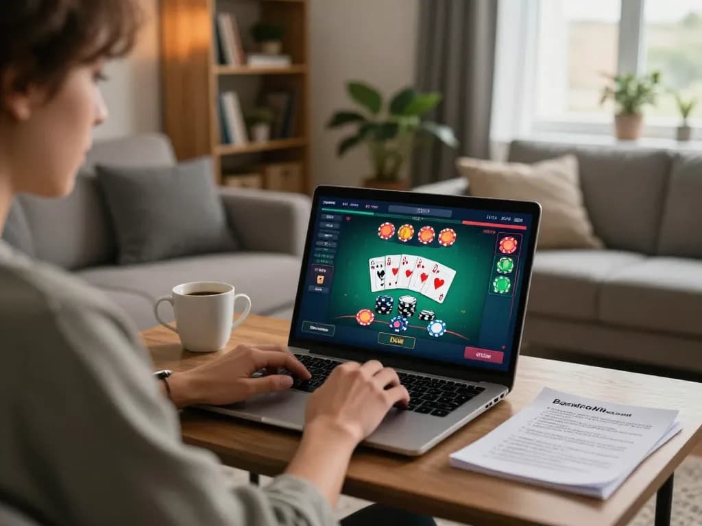 Engaging in online casino gaming at home, emphasizing đăng nhập goal123 to access thrilling poker action.