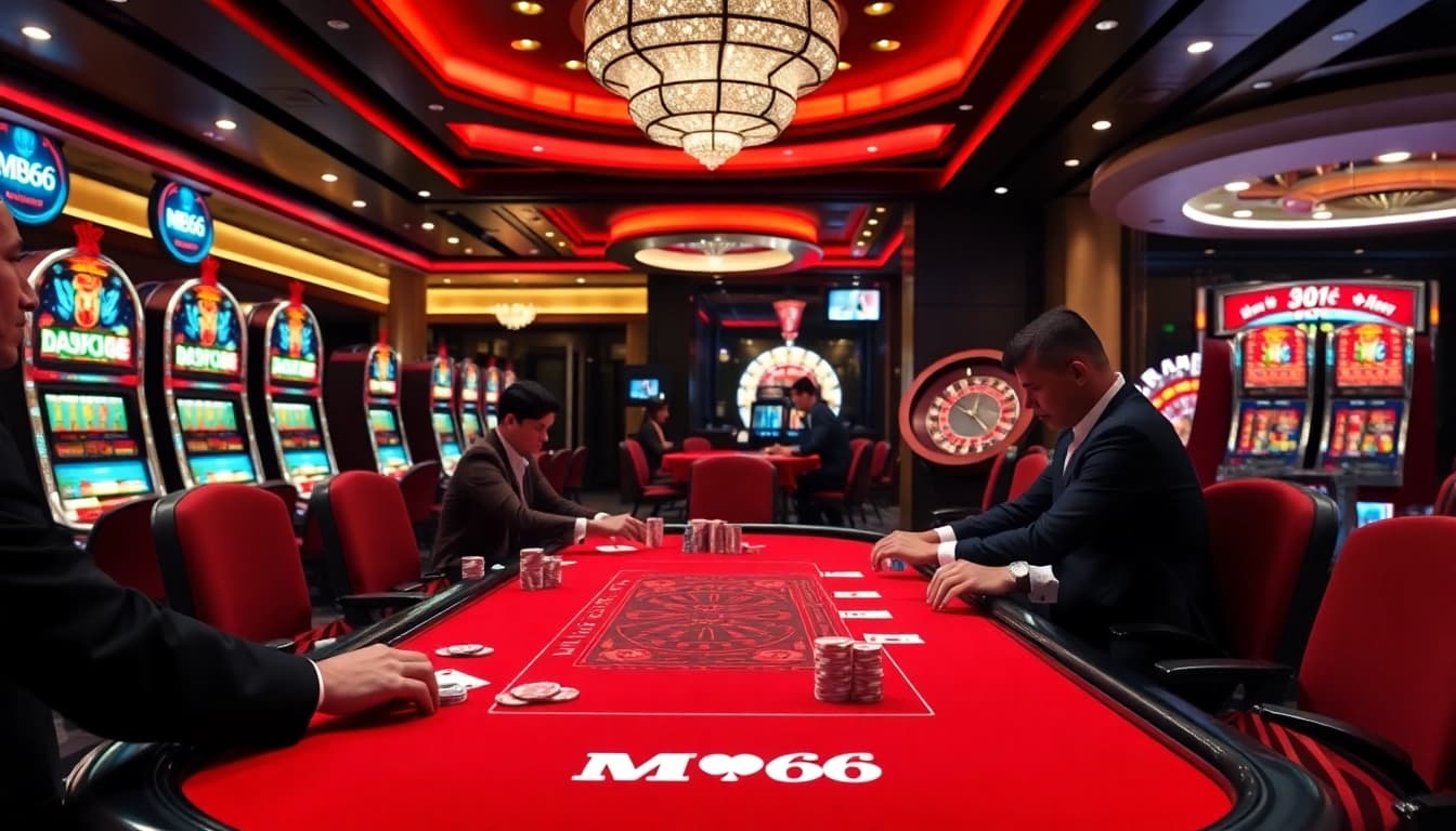 Experience high-stakes action at MB66's luxury casino with poker, chips, and vibrant tables.