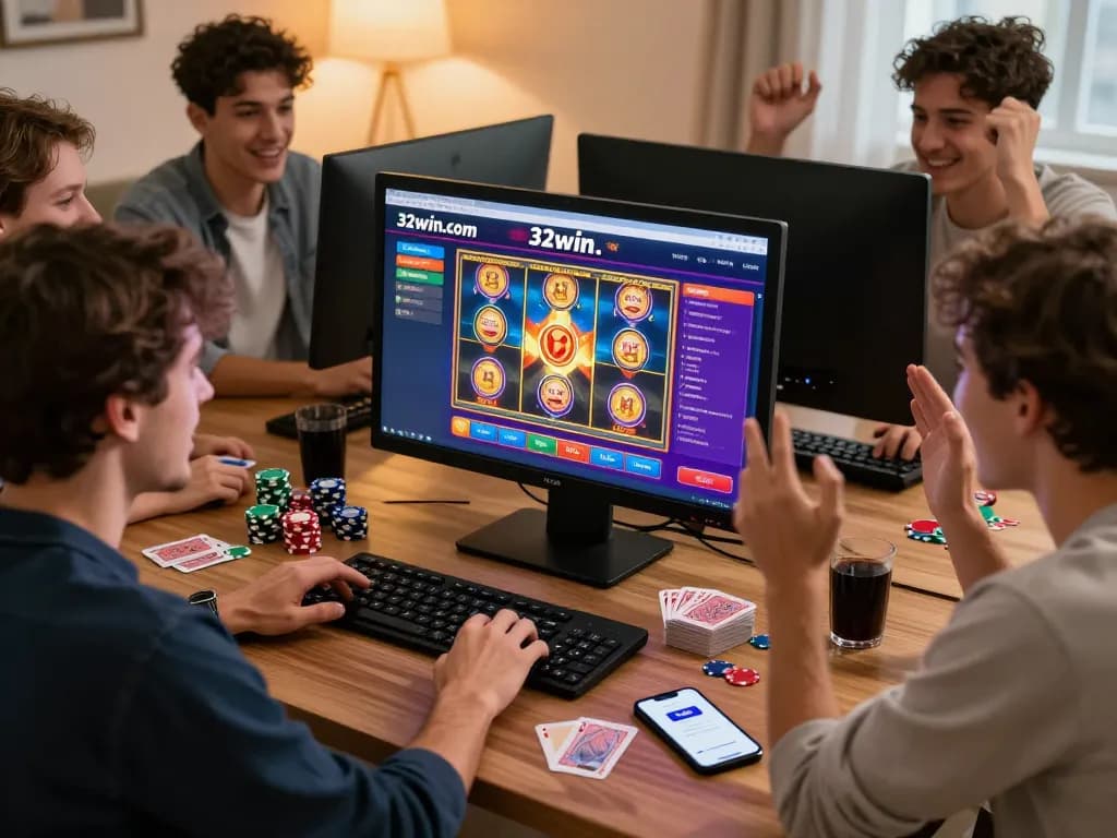 Exciting group engaging on 32win.com online gambling platform, celebrating wins and enjoying casino games together.