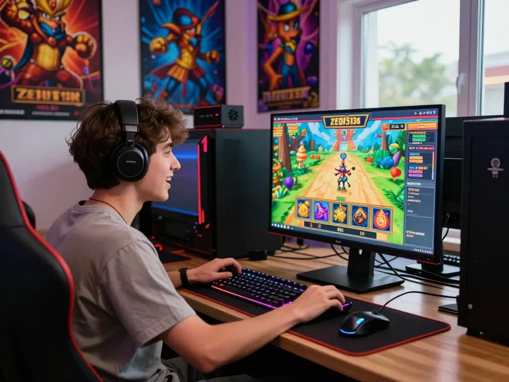 Excited gamer at Zeus138 slot game setup with vibrant lighting and accessories