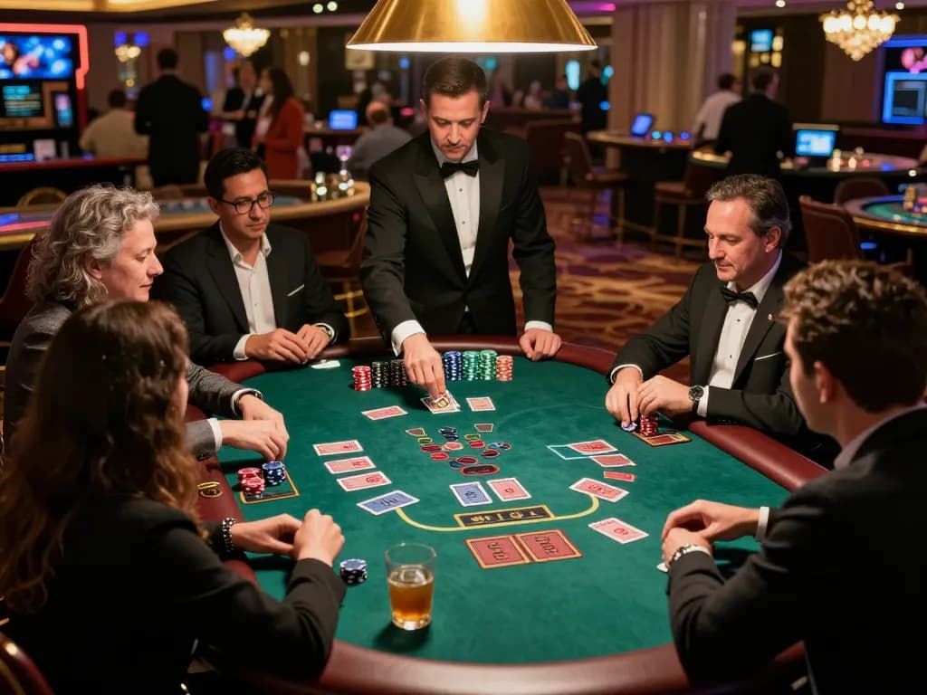 A lively atmosphere at a Casino game night with players engaged in a blackjack game, showcasing real-time action and vibrant details.