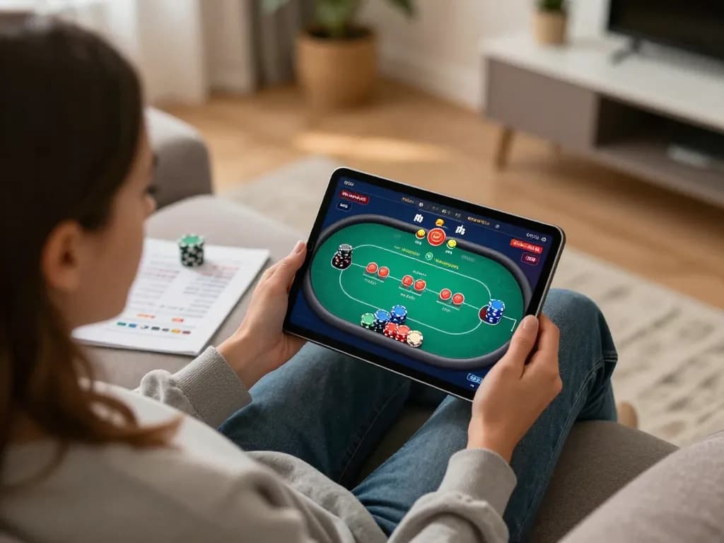 Engaging gameplay on a tablet revealing poker strategy with soc88, cozy atmosphere of home entertainment.