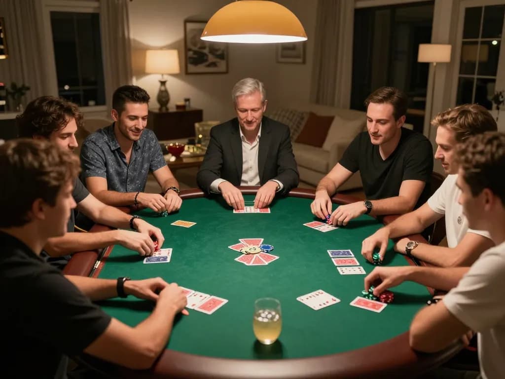Sin88 poker night with friends enjoying strategic gameplay and snacks under warm lighting