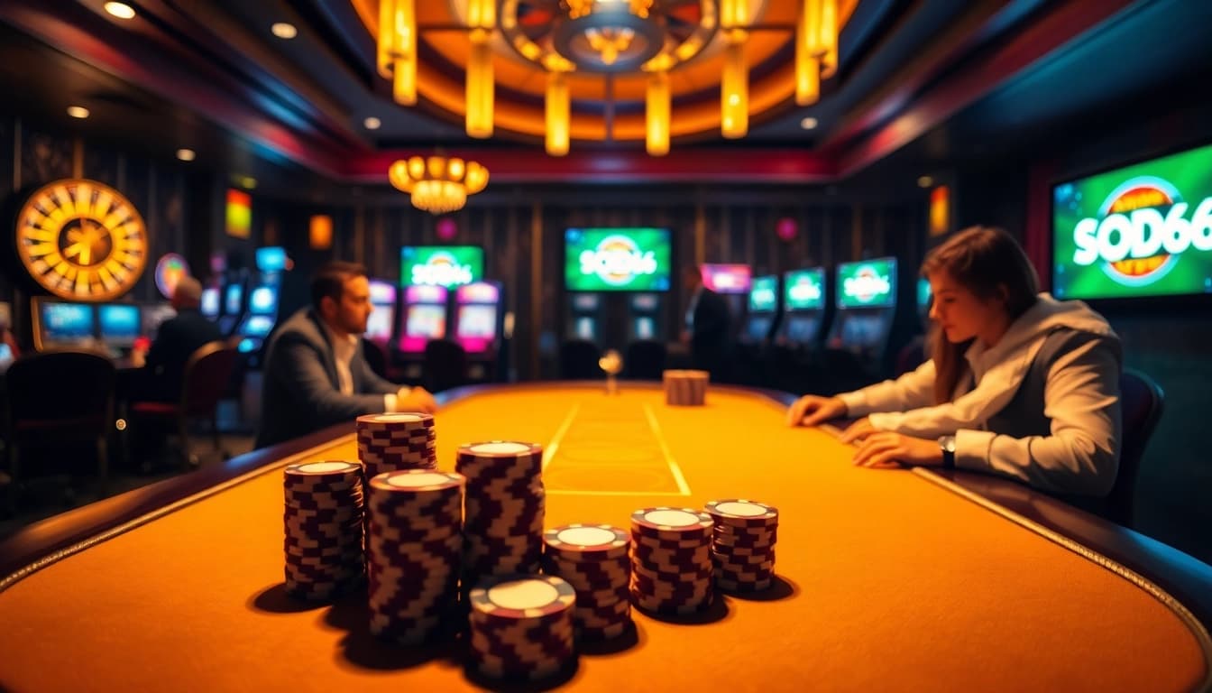 Engaging players at SODO66 poker table with vibrant chips and roulette.