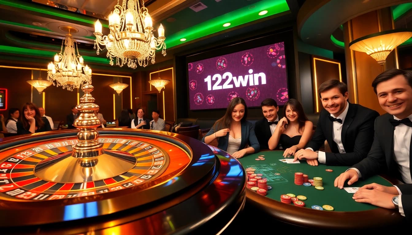 Excited players at 123win casino engaging in thrilling roulette and poker games.