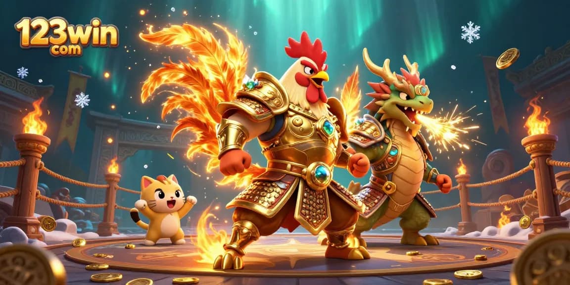 Experience thrilling gameplay and betting action with 123win com's vibrant casino battle scene featuring epic rooster warriors.