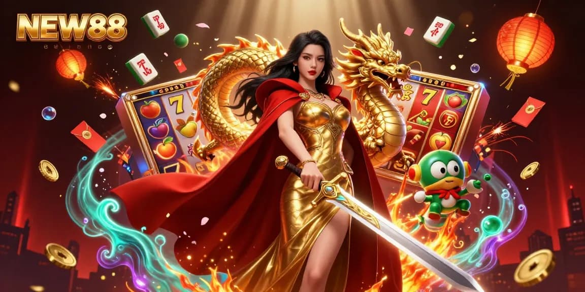 Engage in thrilling gameplay with NEW88 showcasing vibrant slot reels and a warrior queen
