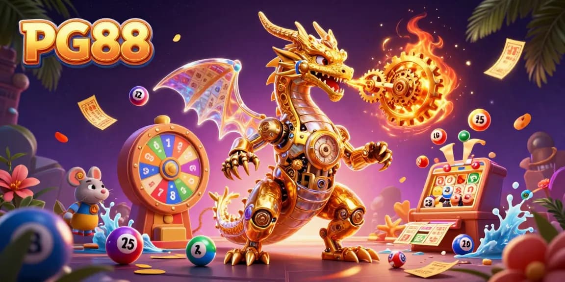 Play thrilling games at PG88, showcasing vibrant graphics with a golden dragon and dynamic lottery elements.