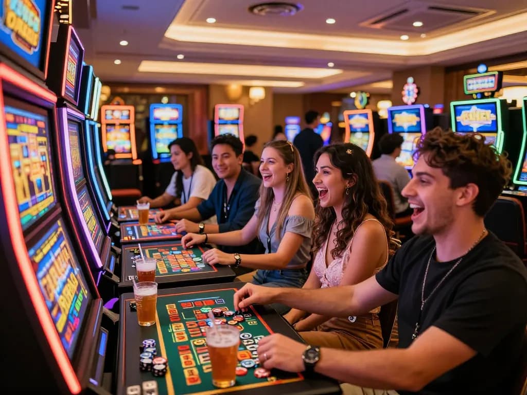 Excited friends playing slot gacor hari ini in a vibrant casino atmosphere with colorful lights