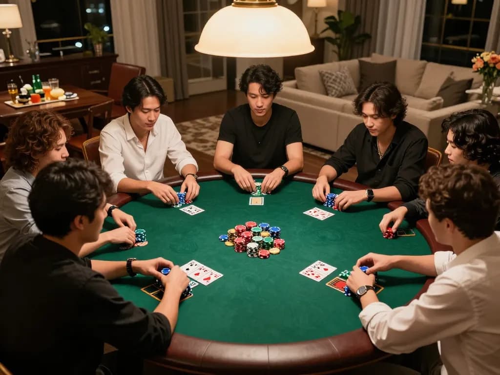 Immerse in megaplus88 poker strategies with an engaging home game setting showcasing intense player interactions.