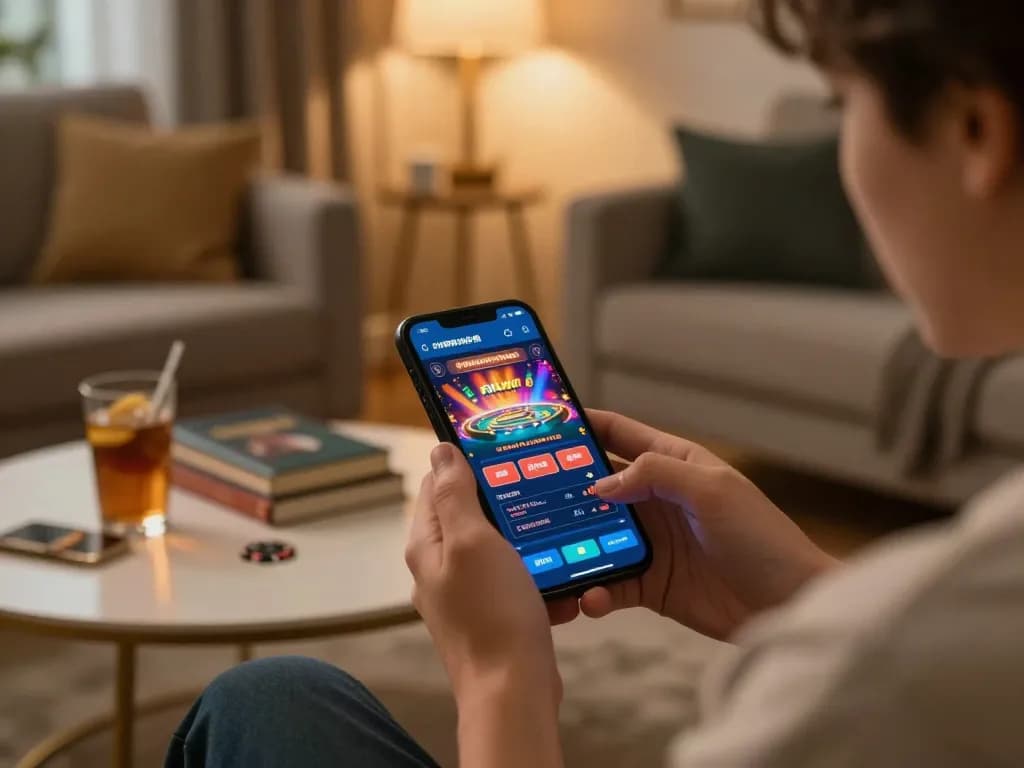 Fun88 user actively placing bets on a smartphone in a cozy home environment, highlighting online gambling.