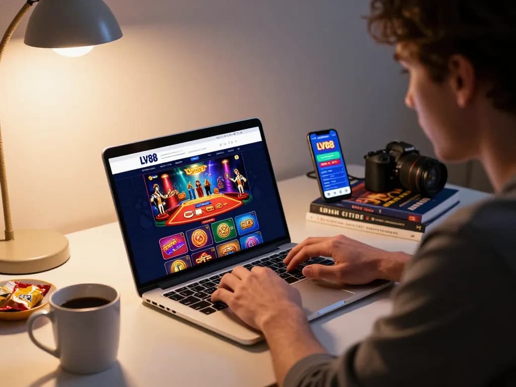 Player enjoying a strategic online gaming session at LV88, showcasing a home setup with laptop and snacks.