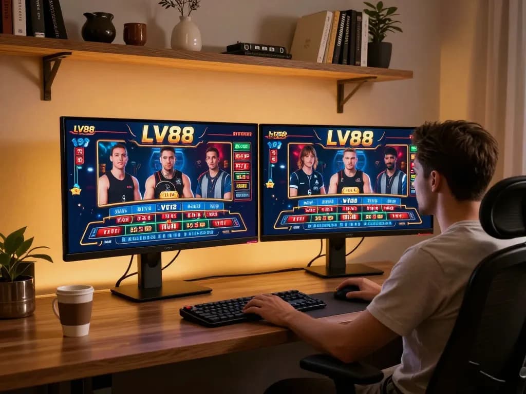 Engaged player placing strategic bets on LV88 online casino games at a modern gaming setup.