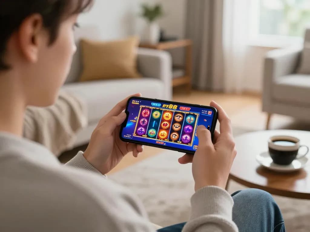Player enjoying the rr88 casino app on a smartphone while relaxing at home