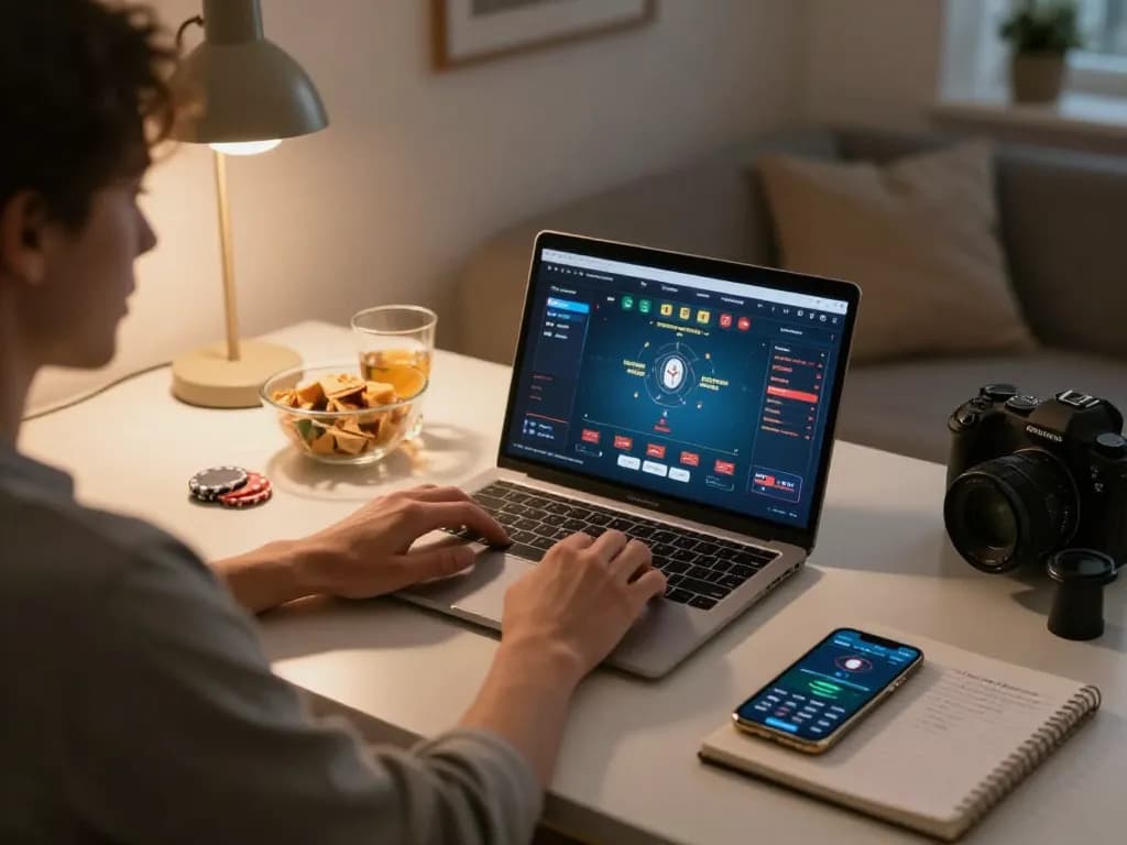 Player engages in online poker while tracking strategies, highlighting tr88 gaming immersion.